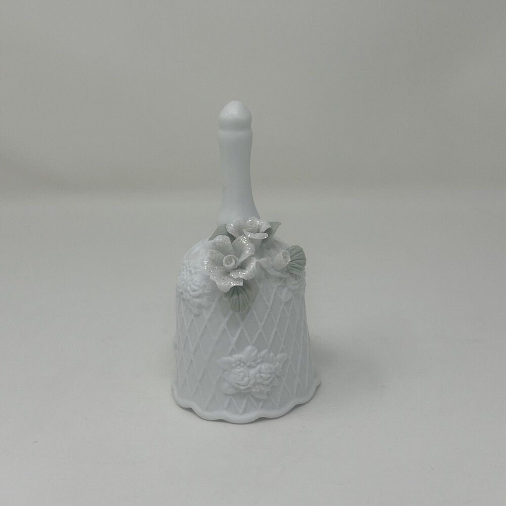 Vintage White Porcelain Bisque Hand Bell Raised Roses Flowers Green Leaves 5.5